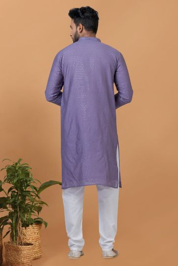 Purple Color Sangeet Wear Cotton Fabric Sequins Embroidery Designer Readymade Kurta Pyjama For Men