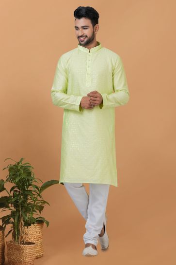 Sequins Embroidery Appealing Green Color Cotton Fabric Function Wear Readymade Kurta Pyjama For Men