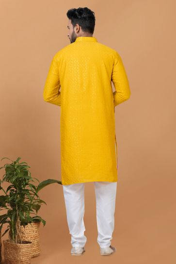 Mustard Color Sequins Embroidery Engaging Cotton Fabric Festive Wear Readymade Kurta Pyjama For Men