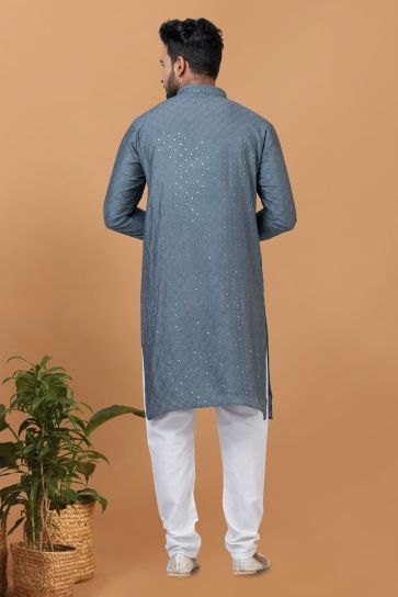 Grey Color Cotton Fabric Sequins Embroidery Festive Wear Captivating Readymade Kurta Pyjama For Men