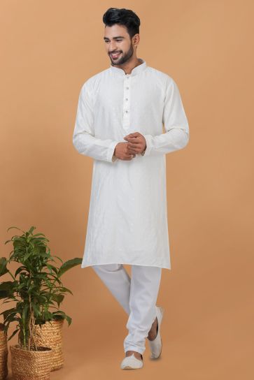 Fetching White Cotton Fabric Sangeet Wear Sequins Embroidery Readymade Kurta Pyjama For Men