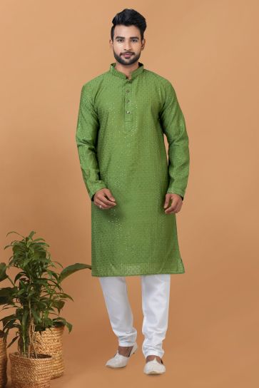Sequins Embroidery Green Color Gorgeous Cotton Wedding Wear Readymade Kurta Pyjama For Men