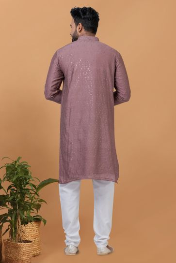 Pink Color Sequins Embroidery Cotton Fabric Reception Wear Striking Readymade Kurta Pyjama For Men