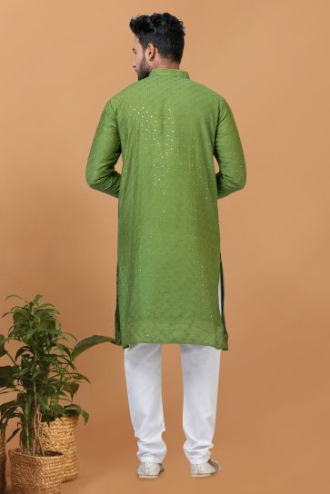 Lovely Green Color Festive Wear Sequins Embroidery Readymade Kurta Pyjama For Men