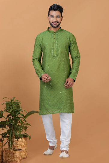 Lovely Green Color Festive Wear Sequins Embroidery Readymade Kurta Pyjama For Men