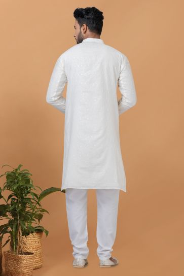 Sequins Embroidery White Color Sangeet Wear Pretty Readymade Kurta Pyjama For Men In Cotton Fabric