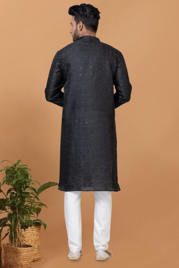 Beautiful Art Silk Fabric Readymade Kurta Pyjama For Men In Black Color