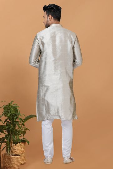 Art Silk Fabric Attractive Readymade Kurta Pyjama For Men In Grey Color