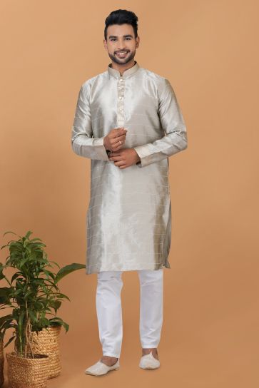 Art Silk Fabric Attractive Readymade Kurta Pyjama For Men In Grey Color