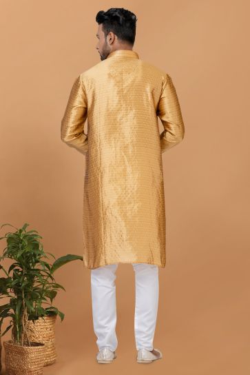 Golden Color Art Silk Fabric Readymade Kurta Pyjama For Men