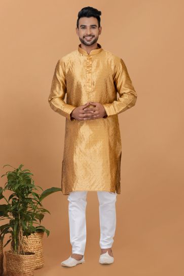 Golden Color Art Silk Fabric Readymade Kurta Pyjama For Men