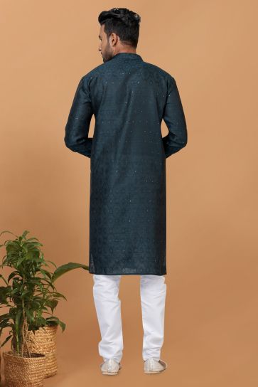 Art Silk Fabric Teal Color Readymade Men Stylish Kurta Pyjama
