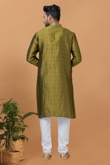 Olive Art Silk Fabric Trendy Readymade Kurta Pyjama For Men