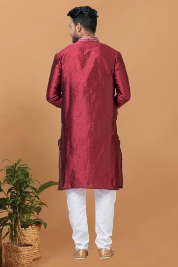 Pretty Art Silk Fabric Readymade Men Kurta Pyjama In Maroon Color
