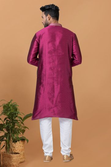 Beautiful Magenta Color Readymade Kurta Pyjama For Men In Art Silk Fabric