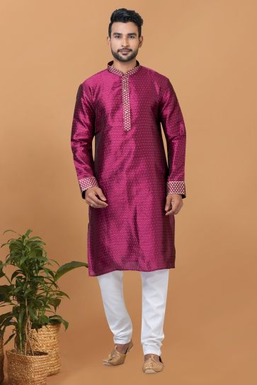 Beautiful Magenta Color Readymade Kurta Pyjama For Men In Art Silk Fabric