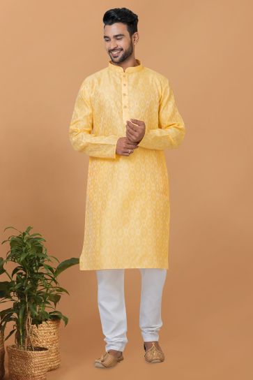 Attractive Readymade Men Kurta Pyjama In Yellow Color