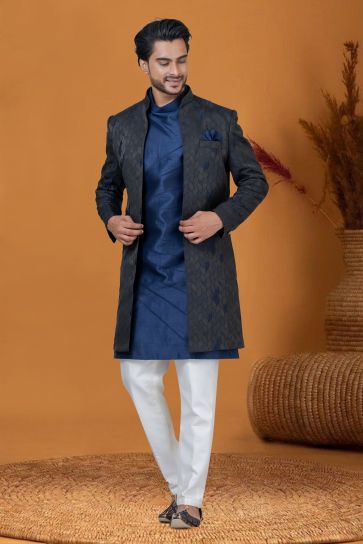Navy Blue Color Jacquard Work Jacquard Silk Fabric Reception Wear Striking Readymade Indo Western For Men