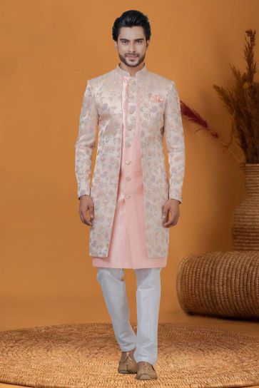 Stunning Jacquard Silk Fabric Jacquard Work Wedding Wear Peach Readymade Indo Western For Men