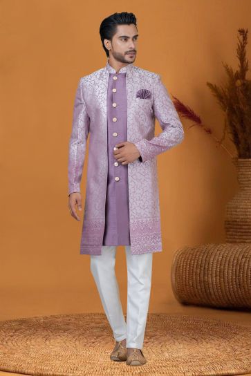 Lovely Lavender Color Jacquard Silk Sangeet Wear Jacquard Work Readymade Indo Western For Men