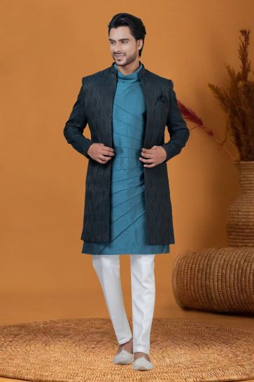 Jacquard Work Teal Color Sangeet Wear Pretty Readymade Indo Western For Men In Jacquard Silk Fabric