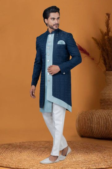 Reception Wear Attractive Jacquard Work Readymade Indo Western For Men In Navy Blue Color Jacquard Silk Fabric