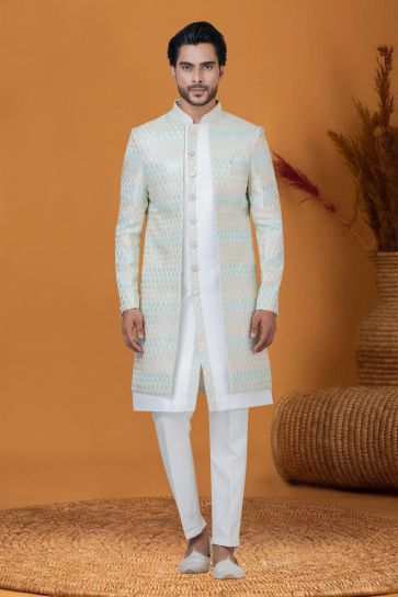 Jacquard Work Fancy Off White Color Jacquard Silk Fabric Wedding Wear Readymade Indo Western For Men