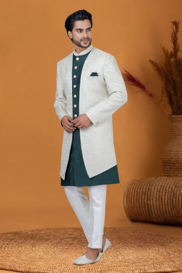 Off White Jacquard Silk Fabric Jacquard Work Sangeet Wear Trendy Readymade Indo Western For Men