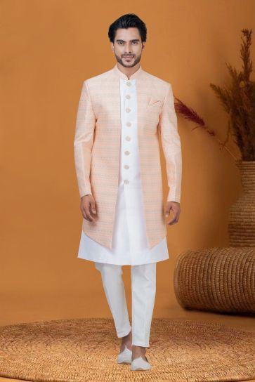 Jacquard Silk Peach Color Wedding Wear Jacquard Work Readymade Designer Men Indo Western