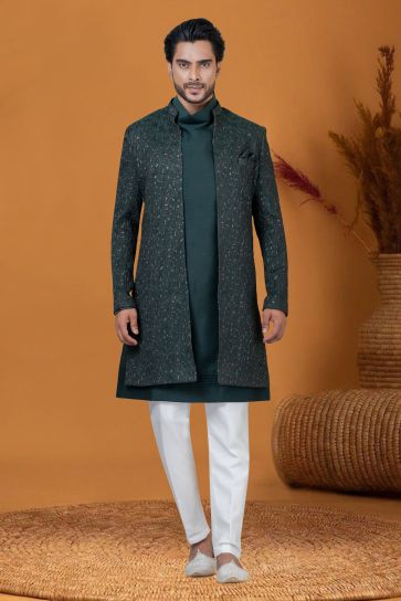Dark Green Jacquard Work Gorgeous Jacquard Silk Fabric Reception Wear Readymade Indo Western For Men