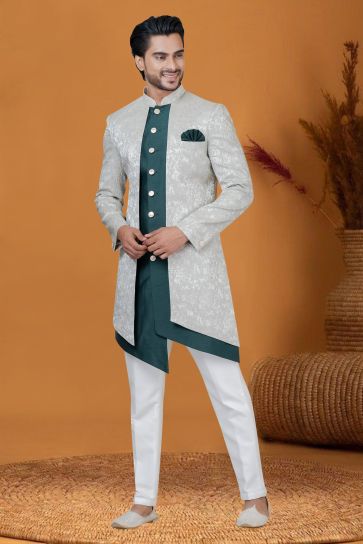 Jacquard Silk Stunning Jacquard Work Grey Color Wedding Wear Readymade Men Indo Western