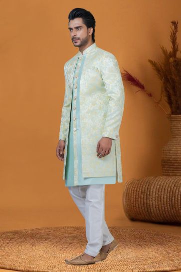 Jacquard Work Pretty Jacquard Silk Fabric Sangeet Wear Readymade Men Indo Western In Light Cyan Color