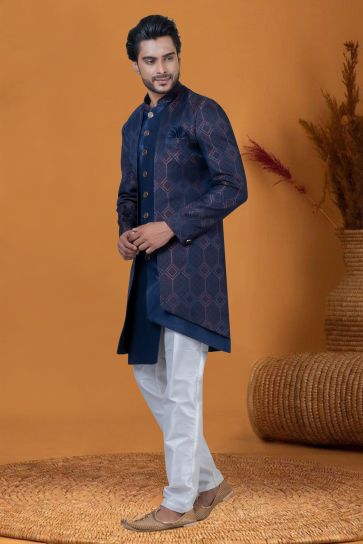 Beautiful Jacquard Work Blue Color Wedding Wear Readymade Indo Western For Men In Jacquard Silk Fabric
