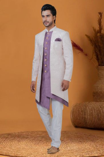 Reception Wear Attractive Jacquard Work Jacquard Silk Readymade Men Indo Western In White Color