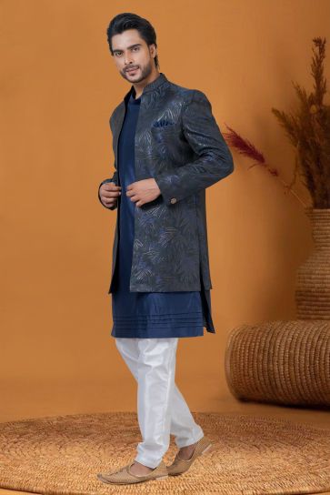 Jacquard Silk Jacquard Work Navy Blue Magnificent Readymade Men Indo Western For Sangeet Wear