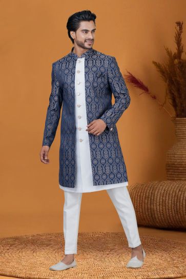 Artistic Jacquard Silk Blue Readymade Jacquard Work Men Indo Western For Wedding Wear