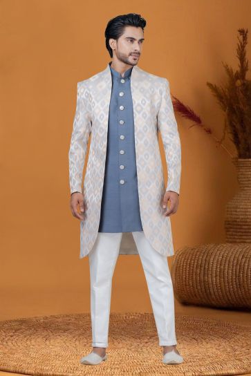 Jacquard Work Grey Color Reception Wear Readymade Jacquard Silk Fabric Indo Western For Men