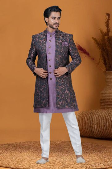 Jacquard Silk Fabric Jacquard Work Wedding Wear Readymade Multi Color Indo Western For Men