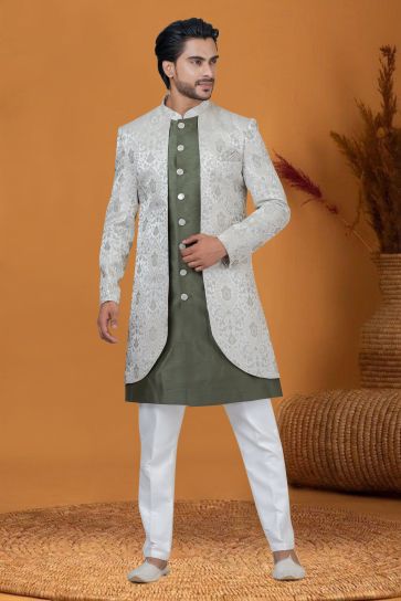 Sangeet Wear Jacquard Work Readymade Indo Western For Men In Olive Jacquard Silk Fabric