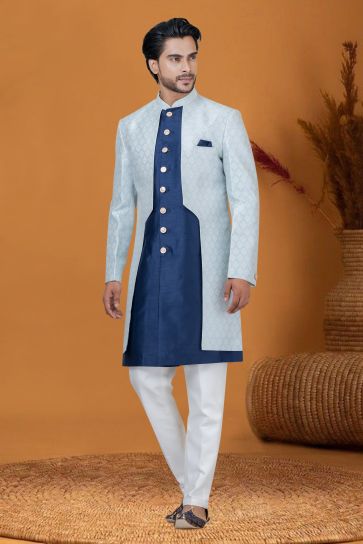 Jacquard Work Sangeet Wear Readymade Indo Western For Men In Jacquard Silk Sky Blue Color