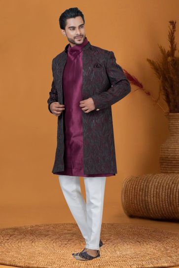 Wine Color Jacquard Work Jacquard Silk Fabric Wedding Wear Fancy Readymade Indo Western For Men