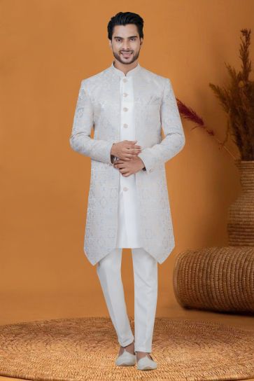 Jacquard Silk Fabric Sky Blue Color Jacquard Work Sangeet Wear Trendy Readymade Men Indo Western