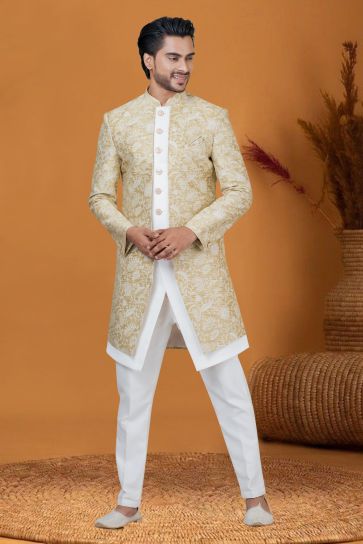 Golden Color Sangeet Wear Jacquard Silk Fabric Jacquard Work Designer Readymade Indo Western For Men