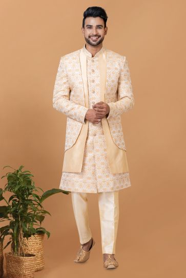 Cream Color Jacquard Work Engaging Jacquard Silk Fabric Sangeet Wear Readymade Indo Western For Men