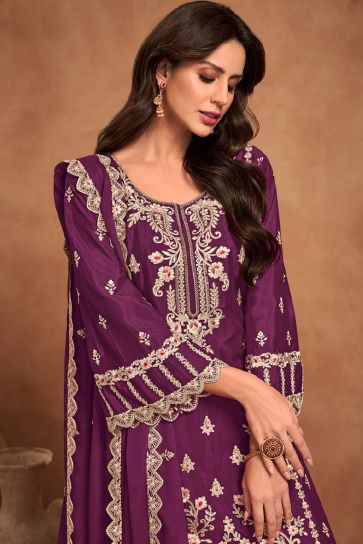 Embellished Purple Color Chinon Fabric Readymade Palazzo Suit