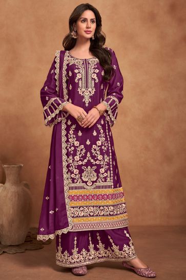 Embellished Purple Color Chinon Fabric Readymade Palazzo Suit
