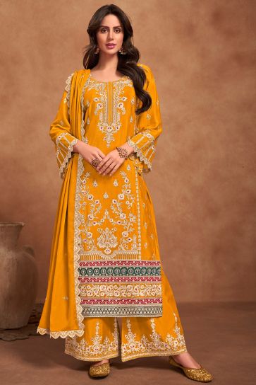 Awesome Chinon Fabric Yellow Color Readymade Palazzo Suit