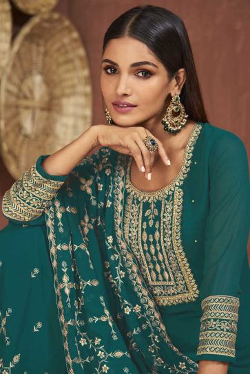 Georgette Fabric Classic Teal Color Function Wear Palazzo Suit Featuring Vartika Singh With Embroidered Work