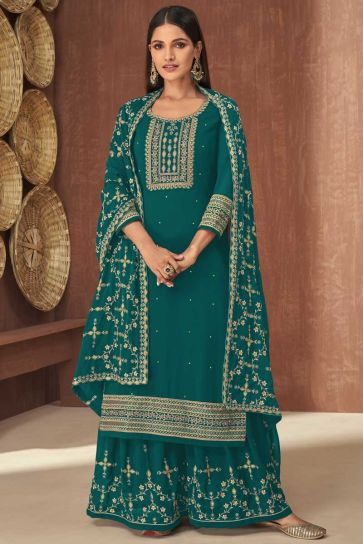 Georgette Fabric Classic Teal Color Function Wear Palazzo Suit Featuring Vartika Singh With Embroidered Work