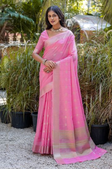 Pink Color Exclusive Zari Woven Border Pure Cotton Fabric Sarees